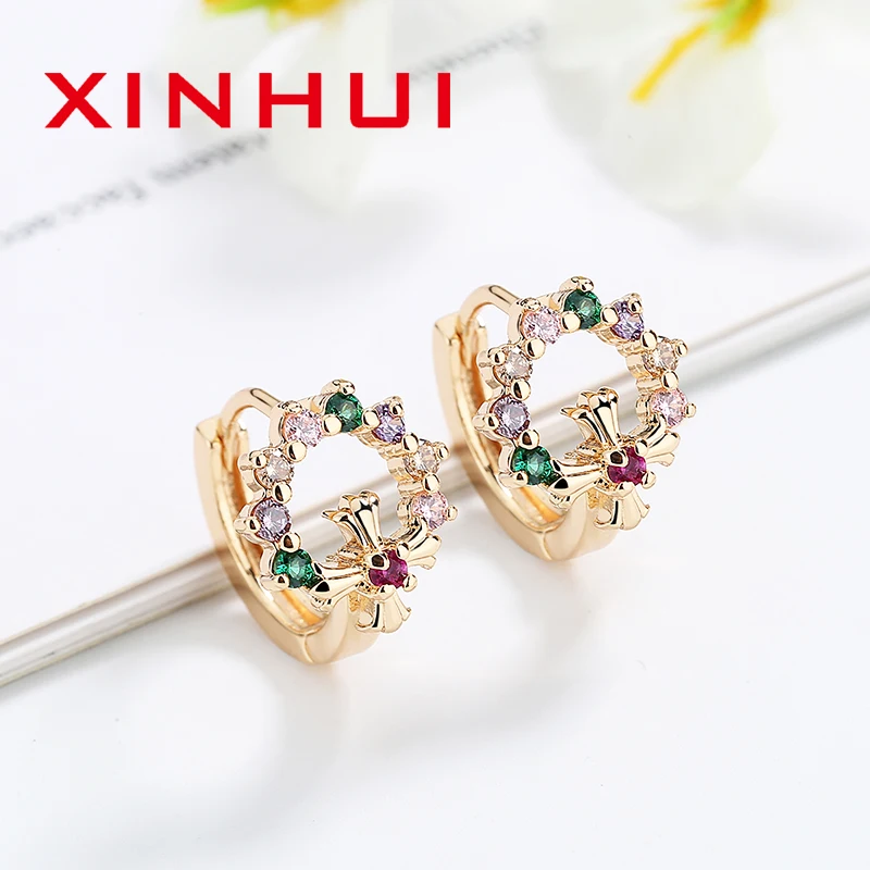 XINHUI 18 K Gold Little Stones For Wife Shiny Color Diamond Cross Flower Lock Up Colorful Women's Earrings  Wholesale Offers