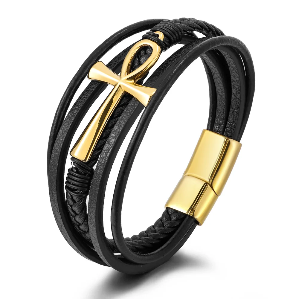 

Layered Cross Braided Leather Chain Bracelet for Men Women Black Cord Wrist Band Rope Cuff Bangle Magnetic Clasp With Gift Box