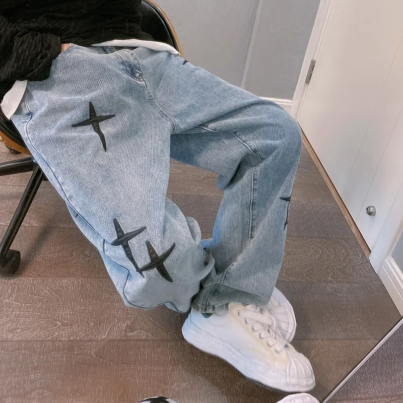 

Vibe Style Cross Embroidery Retro Washed Men Baggy Jeans Trousers Hip Hop Distressed Vintage Denim Pants Pantalons Capris