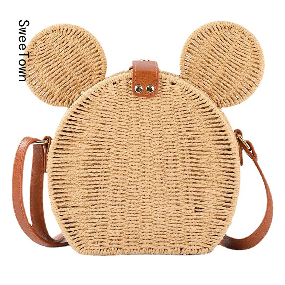 

Sweetown 2022 Summer New Beach Bag Vacation Straw Woven Shoulder Bag Luxury Designer Crossbody Messenger Female Bag Round Bag