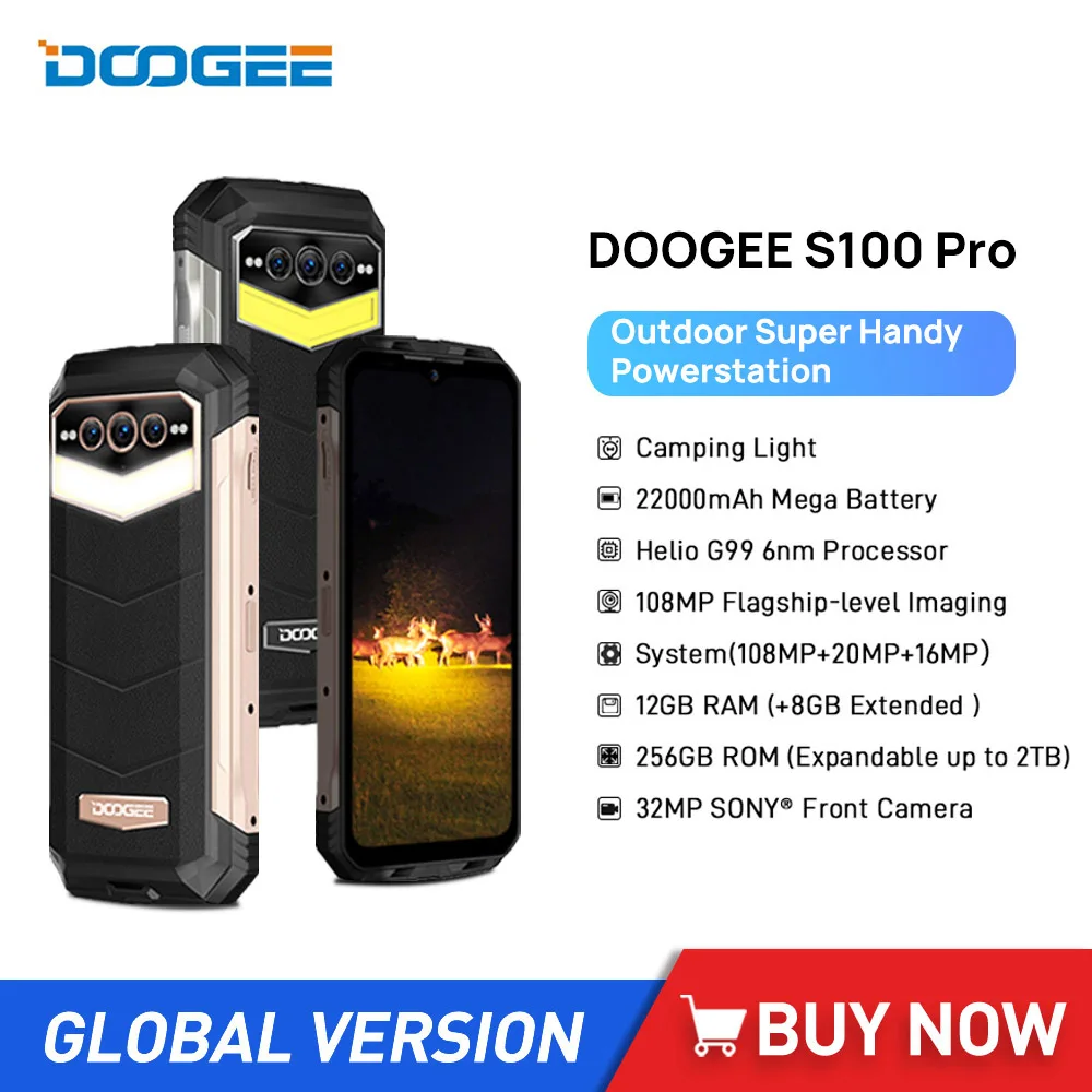 Doogee S100 Pro Rugged Waterproof SmartPhones Octa Core 12GB+256GB 6.58Inch HD 108MP Camera 22000mAh Camping Light Mobile Phones