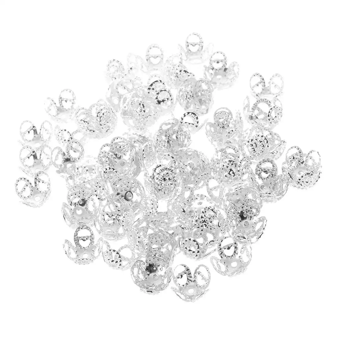 

100-Piece Silver 4-Leaf Filigree Bead Caps Fitting Huge Beads for Jewelry