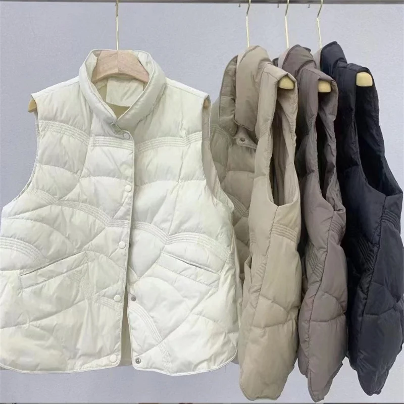 Short Standing Collar Women's Vest Jacket Woman Winter 2023 Thin Down Spring Demi-season with Feathers Ski Suit New In Outerwear