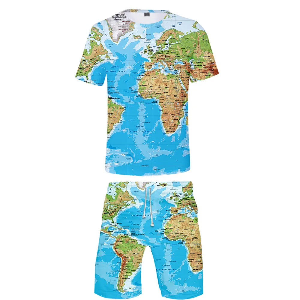 

2 Piece Set Men Short Sleeve T Shirt + Beach Shorts Casual Tracksuit World Map 3D Printed Sweat Suit Matching Outfits Streetwear