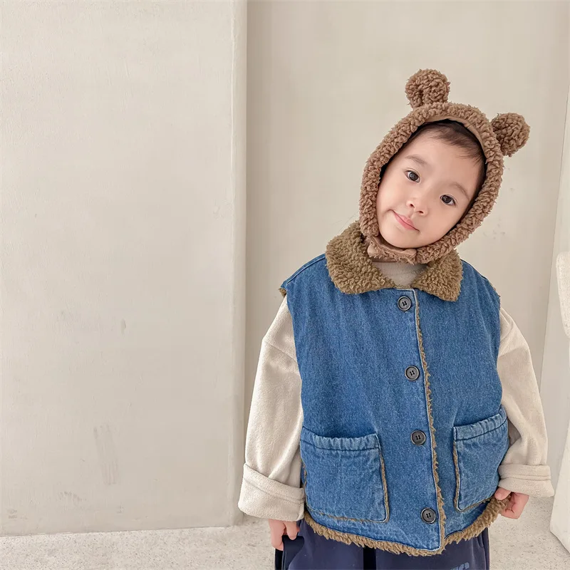 

2022 Winter New Warm Children Plush Vest Coat Solid Girls Sleeveless Denim Vest Plus Velvet Thicken Baby Boy Casual Vest Jacket