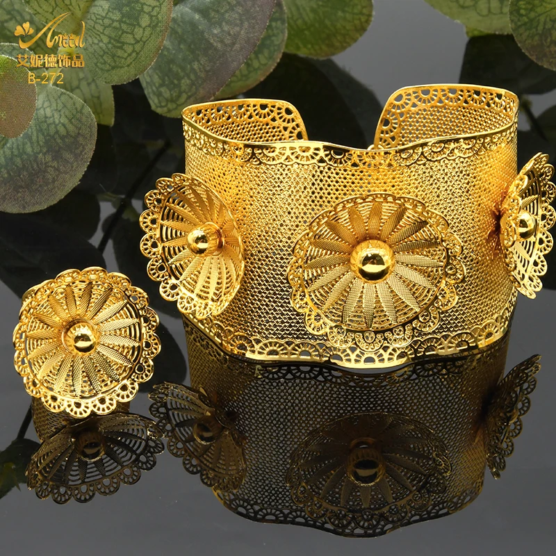 ANIID 24-каратное золото индийский цветок браслеты с кольцом для женщин Африканский