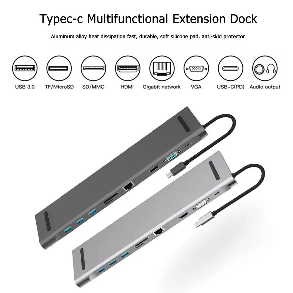

10 in 1 USB C HUB Converter Aluminum Alloy Heat Dissipation Fast to HDMI-compatible VGA RJ45 USB 3.0 3.5mm Audio PD Charge