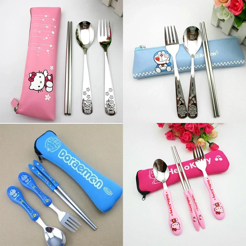 

Sanrio Hellokitty Doraemon Cartoon Stainless Steel Tableware Three-piece Set Spoon Fork Chopsticks with Box Portable Tableware