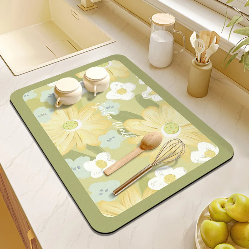 

Kitchen Countertop Drain Mat Bowl Plate Drying Mat Wine Tea Table Absorbent Clear Fresh Air No-wash Heat Insulation Mat