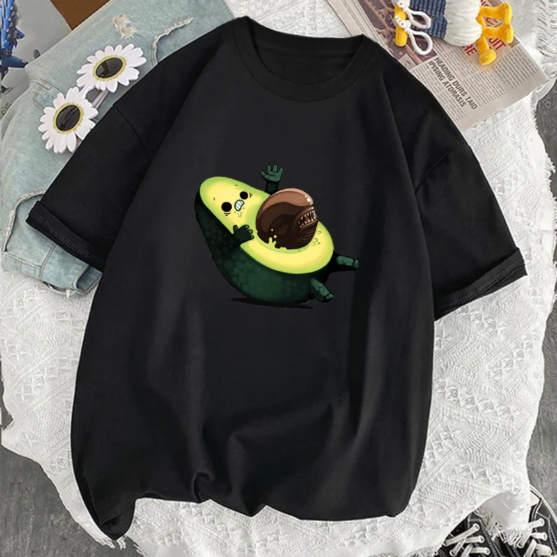 

Breathable T-shirt Women Avocado Cartoon Print O Neck Short Sleeve Black T shirt Summer Harajuku Personality Graphic T shirts