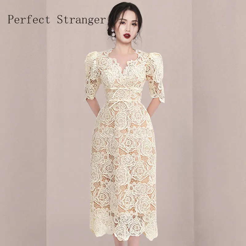 

2023 Summer Dresses Korean Retro High Waist Short Sleeve Vestidos Elegant Slim Midi Hollow Out Office Party Casual Lace Dress