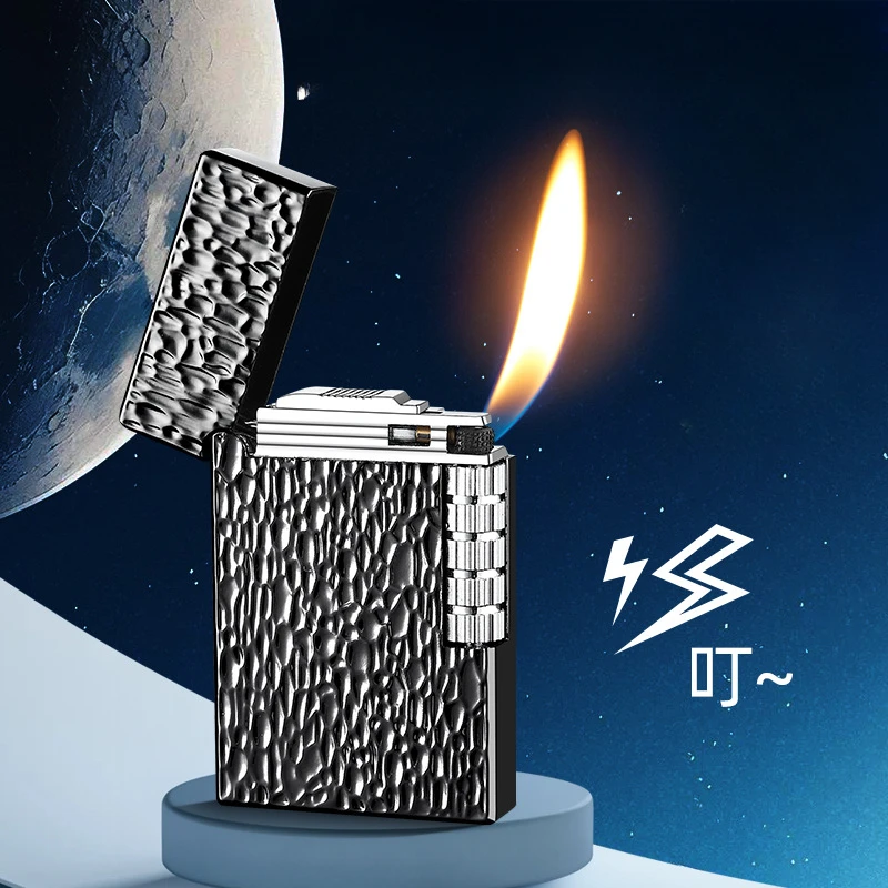 Фото Новая металлическая зажигалка Langsheng с косым огнем и открытым пламенем, бутановая газовая надувная точечная зажигалка для курения №2