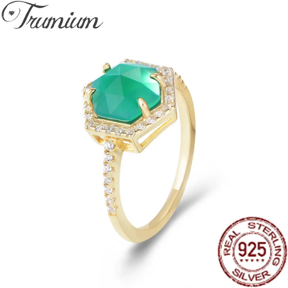 

Trumium Luxury s925 Sterling Silver Gem's Green Agate Rings For Women Hexagon Onyx Fine Jewelry 14k Gold Plated Bague Bijoux