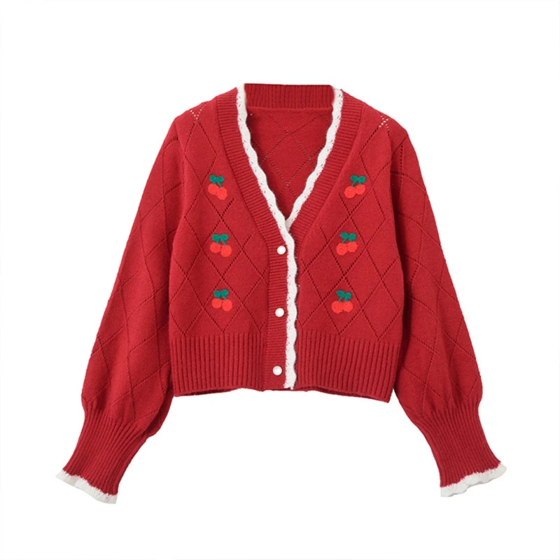 

New style Women Vintage Puff Sleeve Sweater Cardigan V-Neck Button Argyle Knitted Jacket Harajuku Cherry Embroidery Cropped Coat