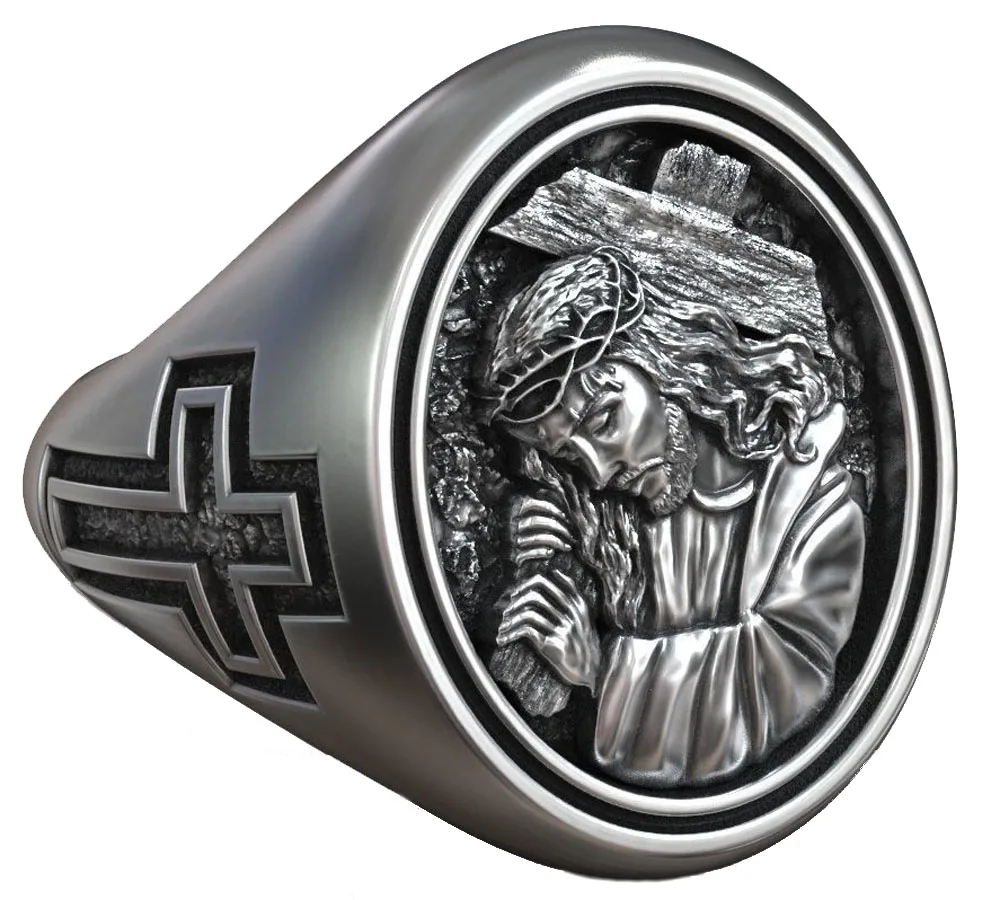 

19g Jesus Christ Cross Crown Of Thorns Signet Religious Art Relief Ring 925 Solid Sterling Silver Many Sizes Rings