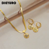 dieyuro 316l stainless steel round snake pendant necklace earrings for women vintage girls gold color jewelry set party gift