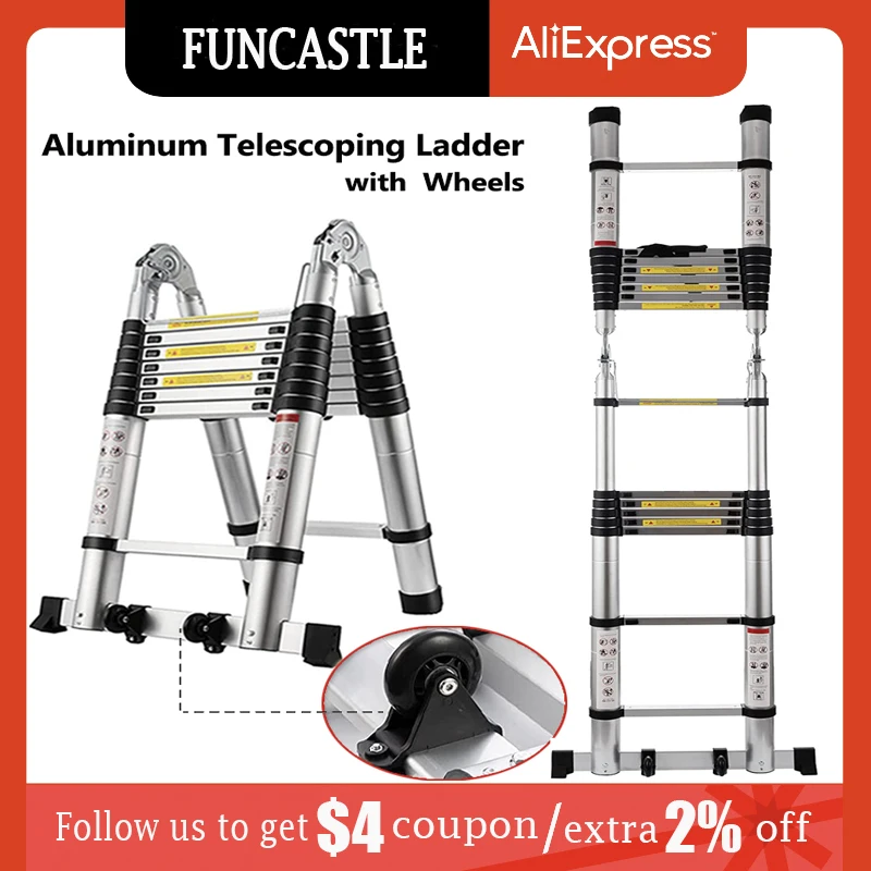 Telescoping Ladder 16.5FT A Frame Aluminum Extension Ladder with Movable Wheels Portable Telescopic Collapsible Ladder for Home