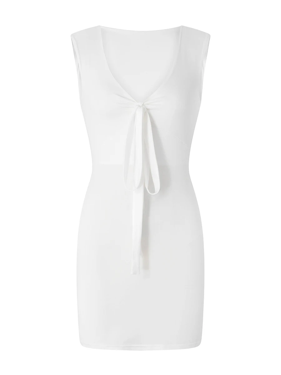 

Женское облегающее мини-платье без рукавов Fumilery, однотонное короткое платье с V-образным вырезом и завязкой спереди, летнее Клубное платье
