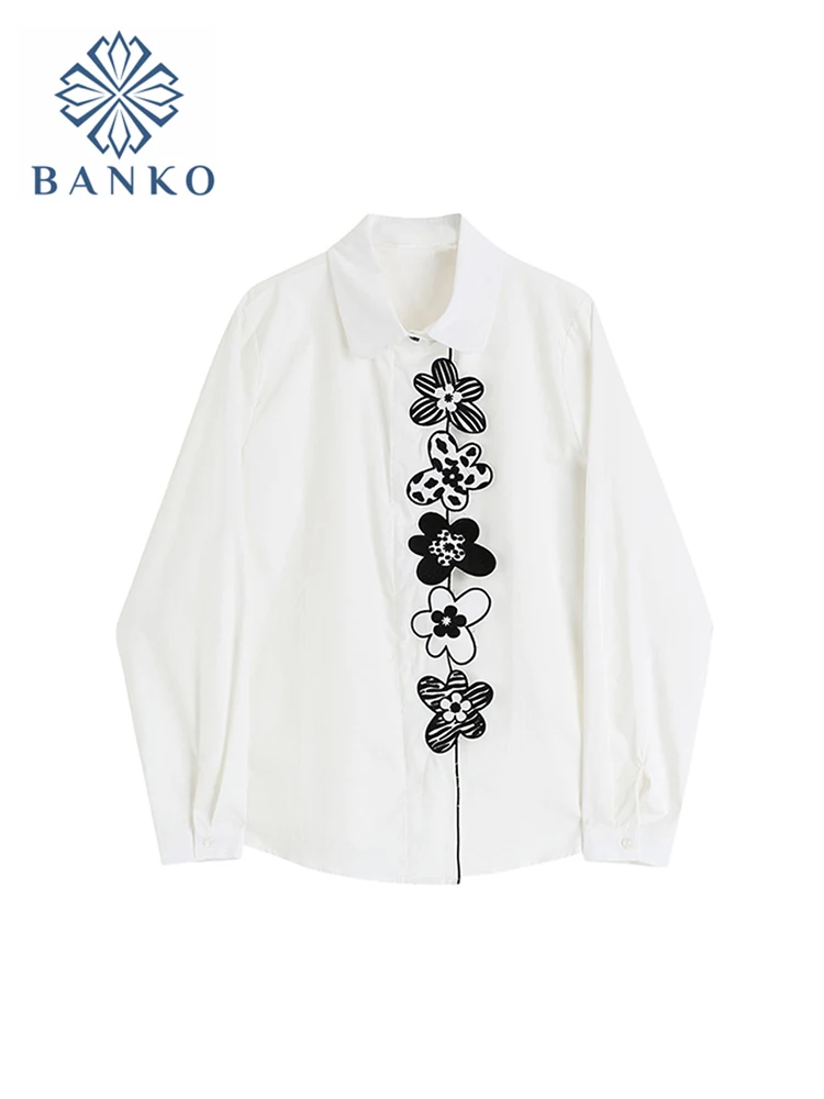 Women White Blouse 2022 Spring Fashion Flower Embroidery Office Lady Polo Button Shirt Loog Sleeve Streetwear Harajuku Lady Tops