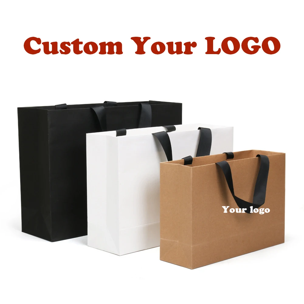 

100PCS Free Custom Logo Paper Party Wedding Gift Bags with Handle Shopping Packaging Black Kraft Paper Makeup Jewelry