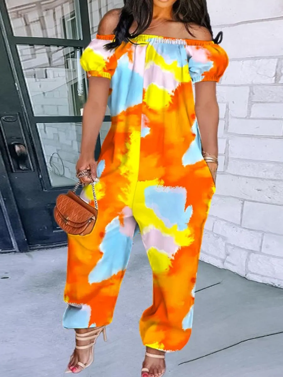 LW Plus Size Off The Shoulder Tie-dye Jumpsuit 2023 NEW Fashion Off Shoulder Tube Jumpsuit Loose Elegant Womens Jumpsuits