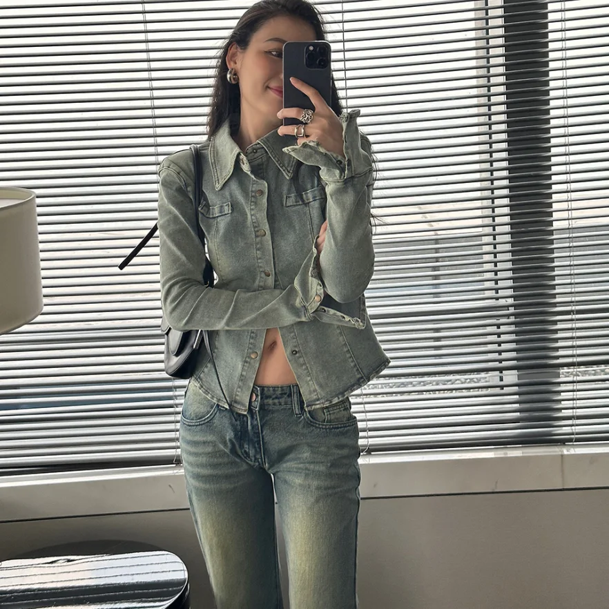 [YOZOU] винтажное приталенное стильное джинсовое пальто куртки женская рубашка