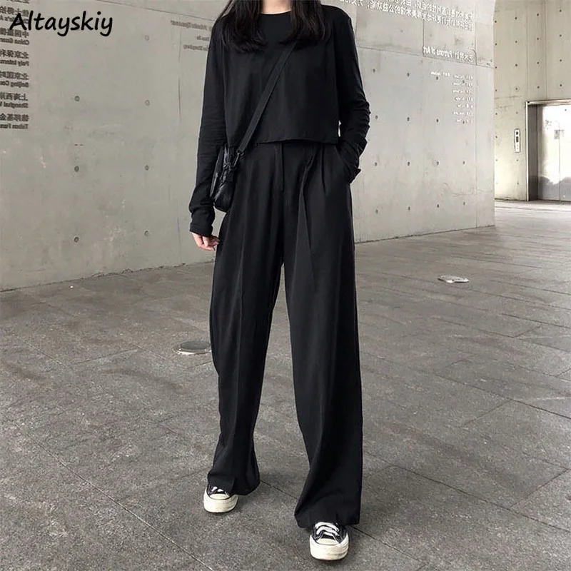 

High Waist Pants Womens Drape Casual New Autumn Black Solid Baggy Female Mopping Wide Leg Trousers Daily Simple All-match Ins