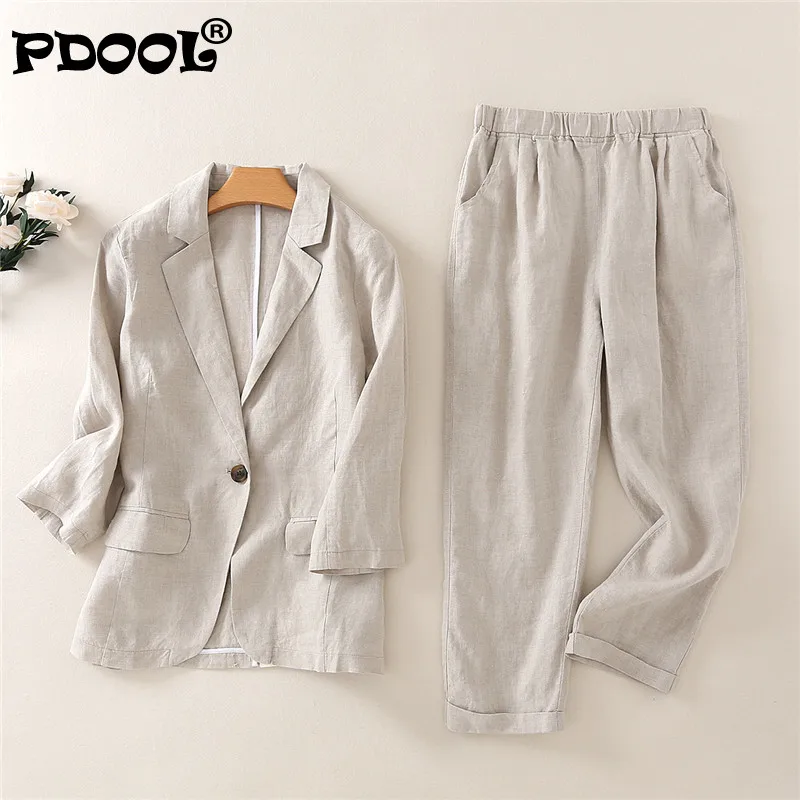 Women's Suit Cotton &Linen Women's Temperament Fashion Casual Pants Linen Suit set 2 Piece Outfits For Office Lady Single Button