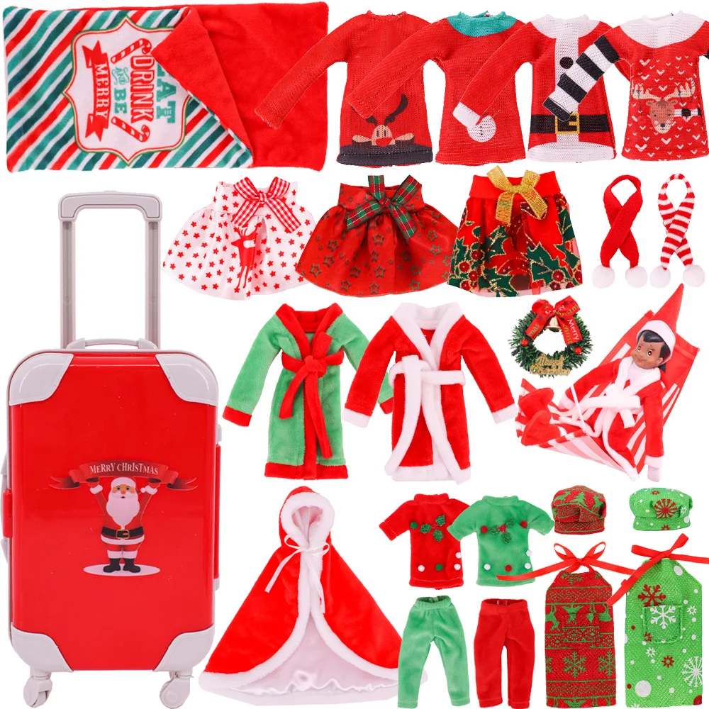 Christmas Clothes Big Elf Doll Pajamas Suitcase Dress T-shirt For Barbies Doll Accessories Sleeping Bag Cartoon Printed Sweater