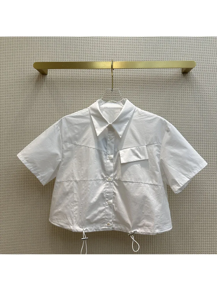 

2023 Summer white short shirt for women drawstring tops T shirt with short sleeve simple and comfortable