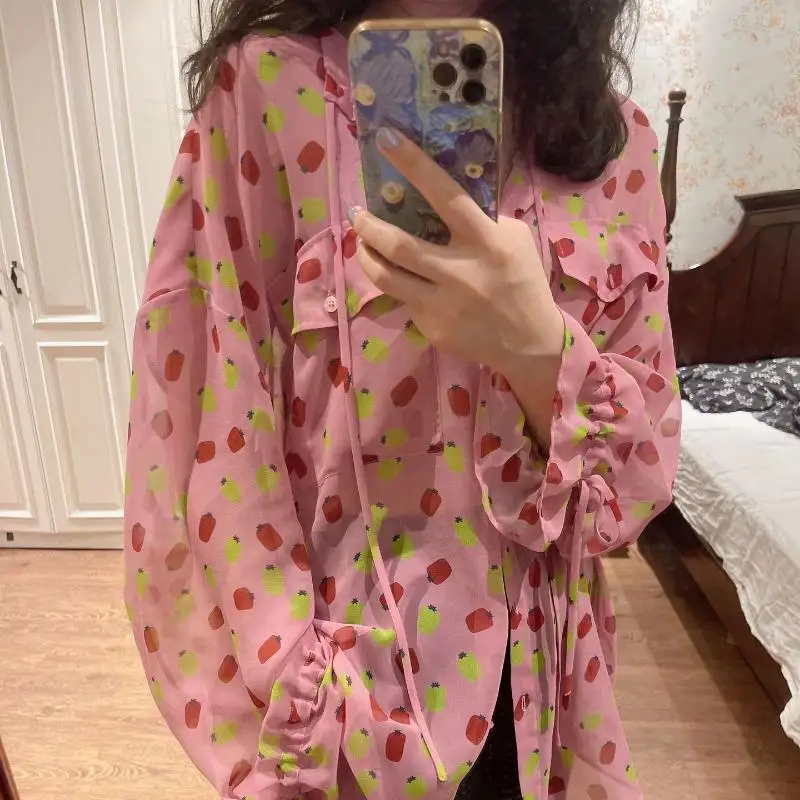 

2023 Autumn Fashion Elegant Transparent Design Pink Printed Shirts Strawberry Long Sleeve Bandage V-Neck Single Breasted Blouse