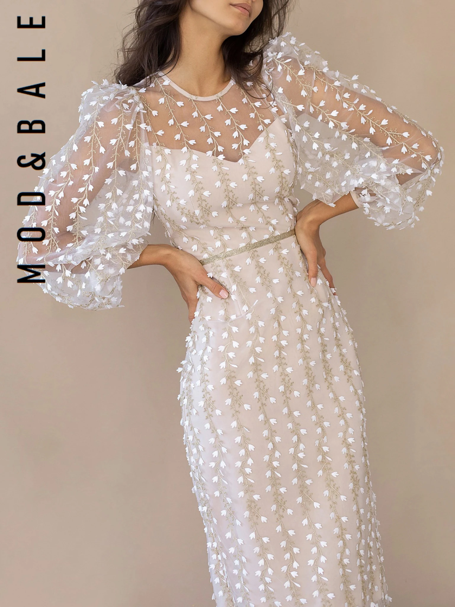 

2022 Summer Ladies Dress Embroidered Bouquet High Waist Puff Sleeves Mesh Retro Design Elegant Long Skinny Party Evening Dresses