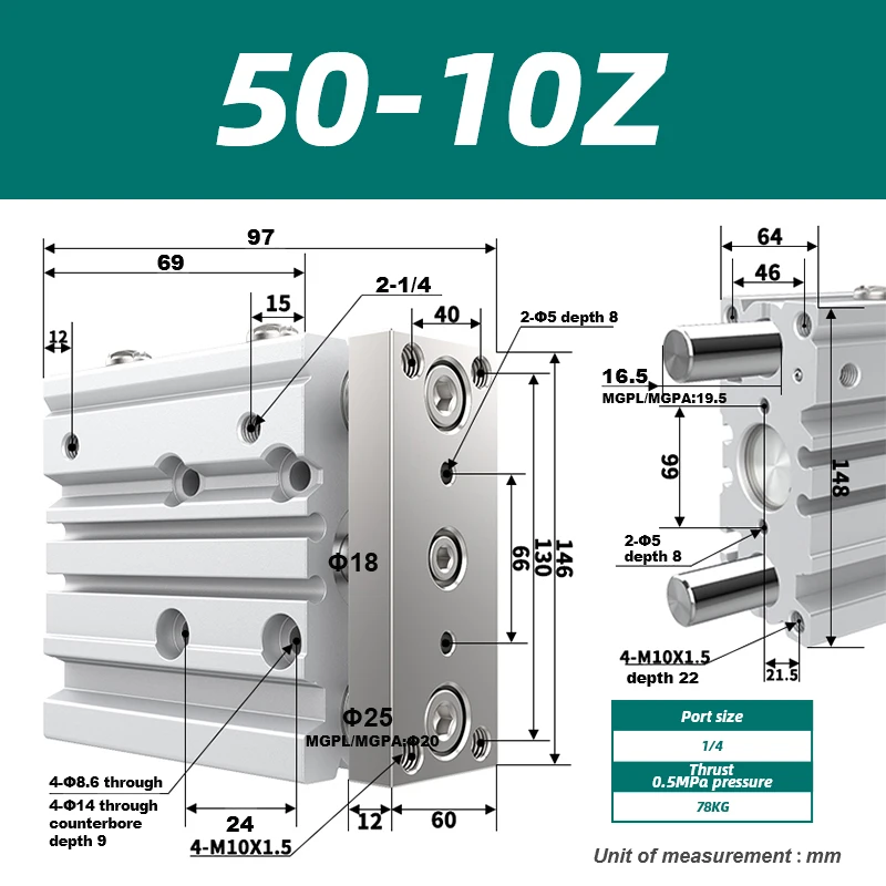 

Пневматический цилиндр GATELN MGPM50 MGPL50