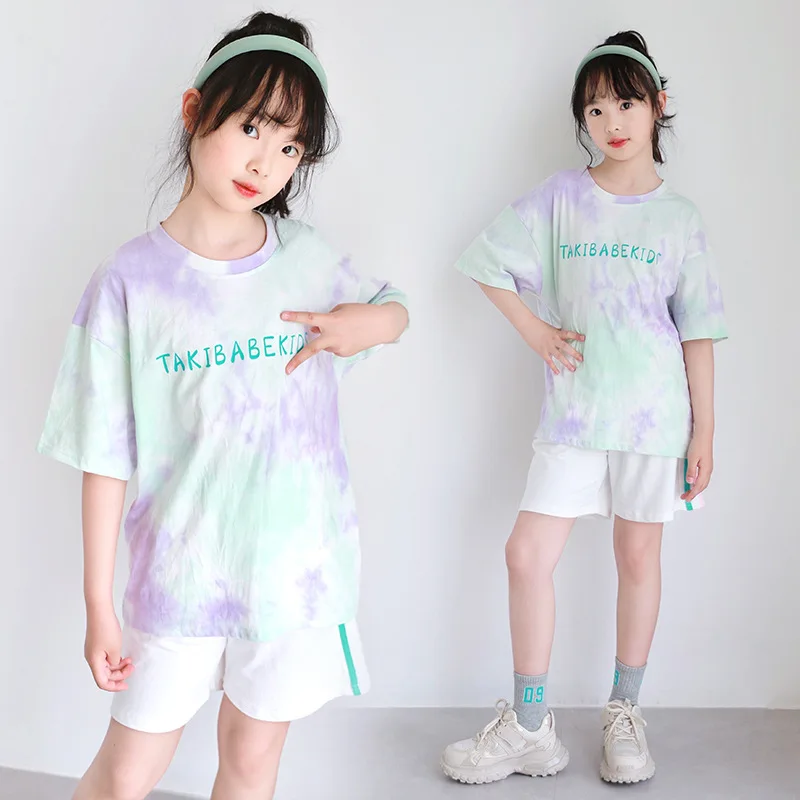 Корейский Летний комплект для девочек 2024 футболка с принтом букв и спортивные