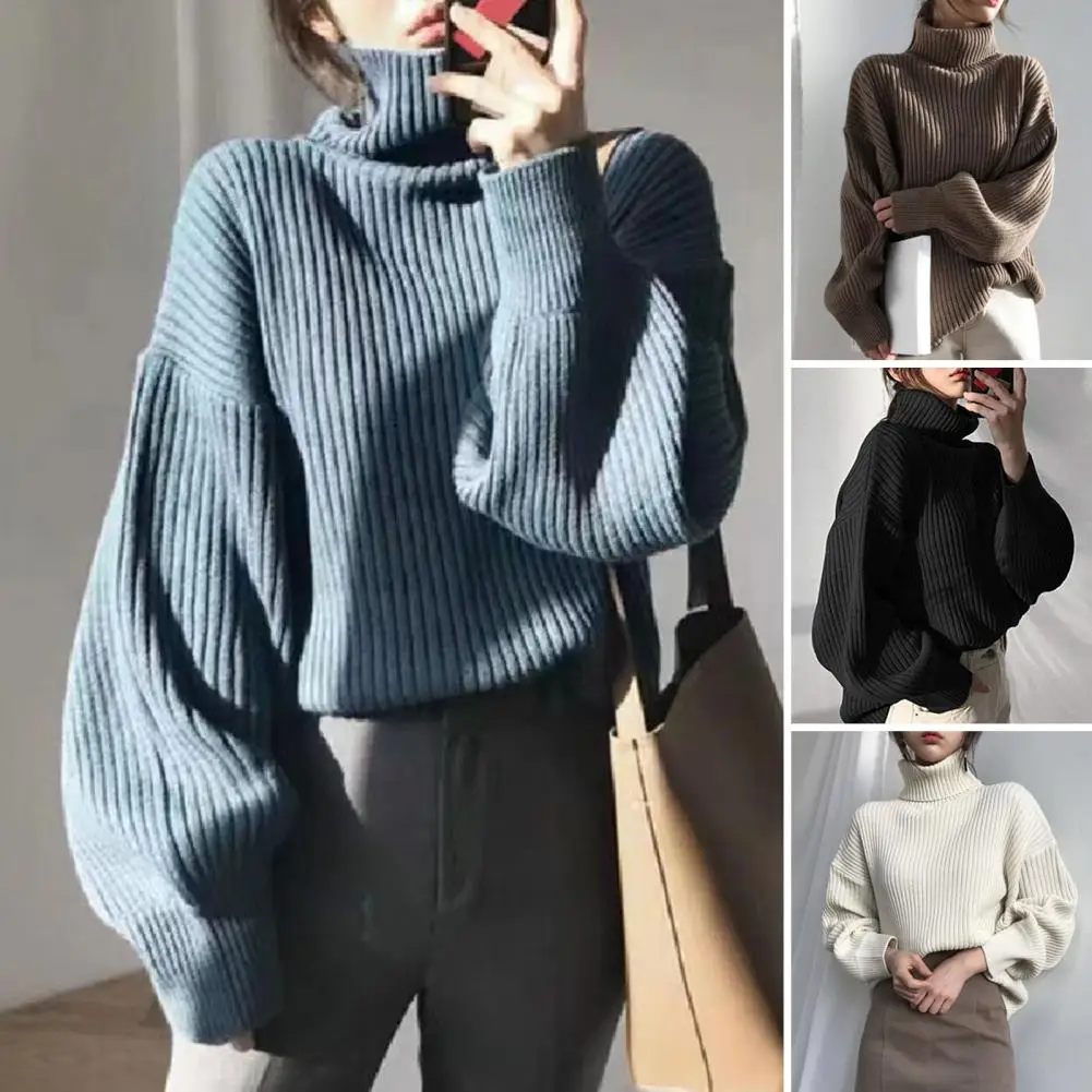 

Solid-color Knitted Sweater Cozy Stylish Women's Winter Sweater High Collar Windproof Design Elastic Knitted Warmth High Collar