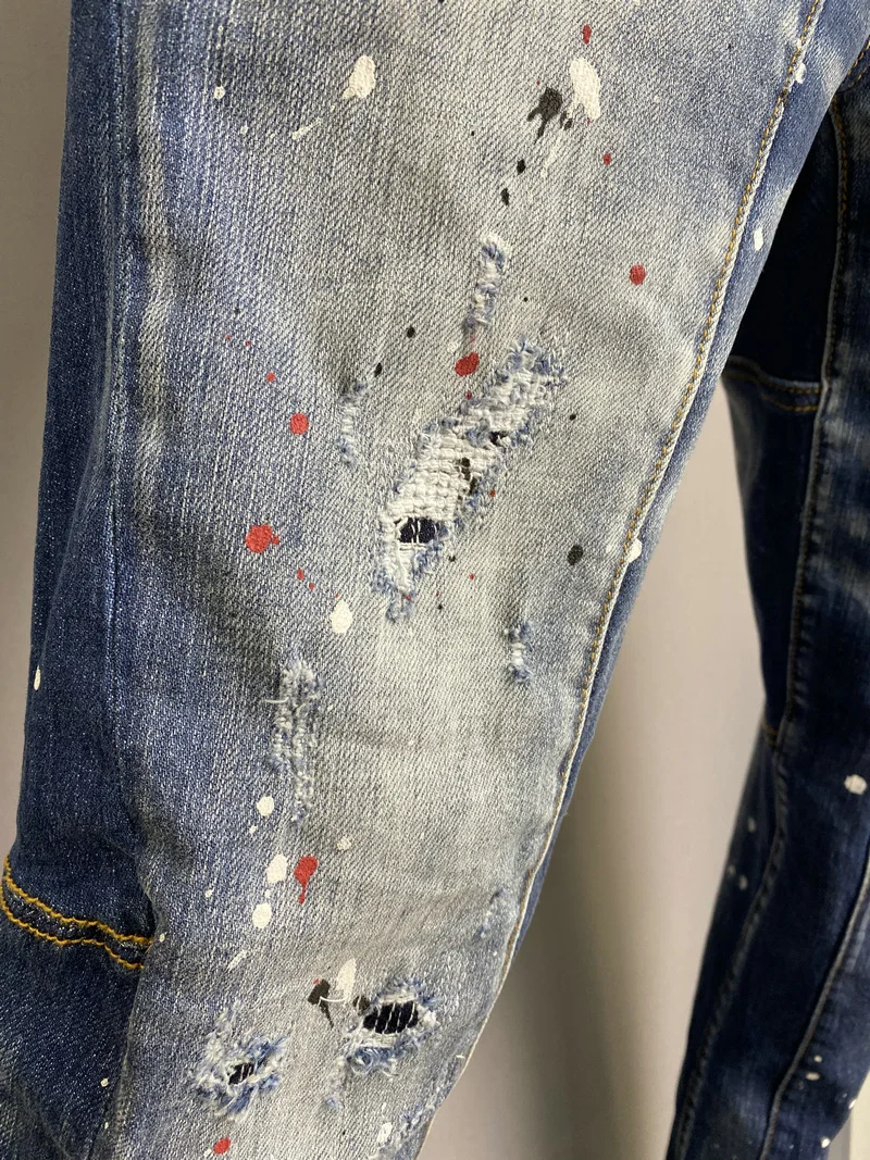 New Men's Dsquared2 Buttons Jeans Ripped For Male Skinny  Pants Men's Denim Trousers Top Quality Slim Jeans A507
