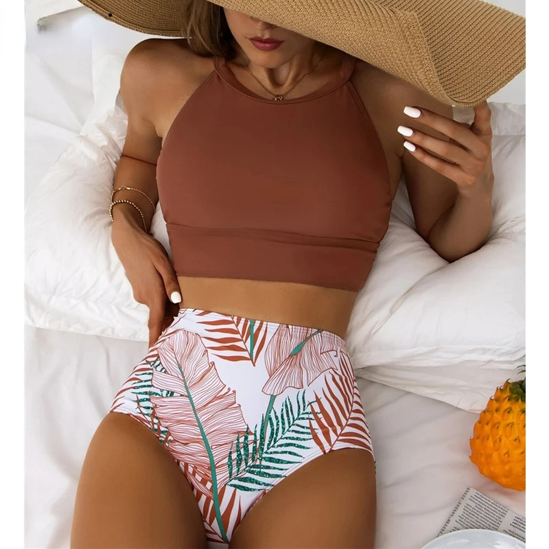 

Brown Leaf Print High Waist Bikini Set Swimsuit Women High Neck Tankini Two Pieces Swimwear 2022 Sexy Female Sports Bathing Suit