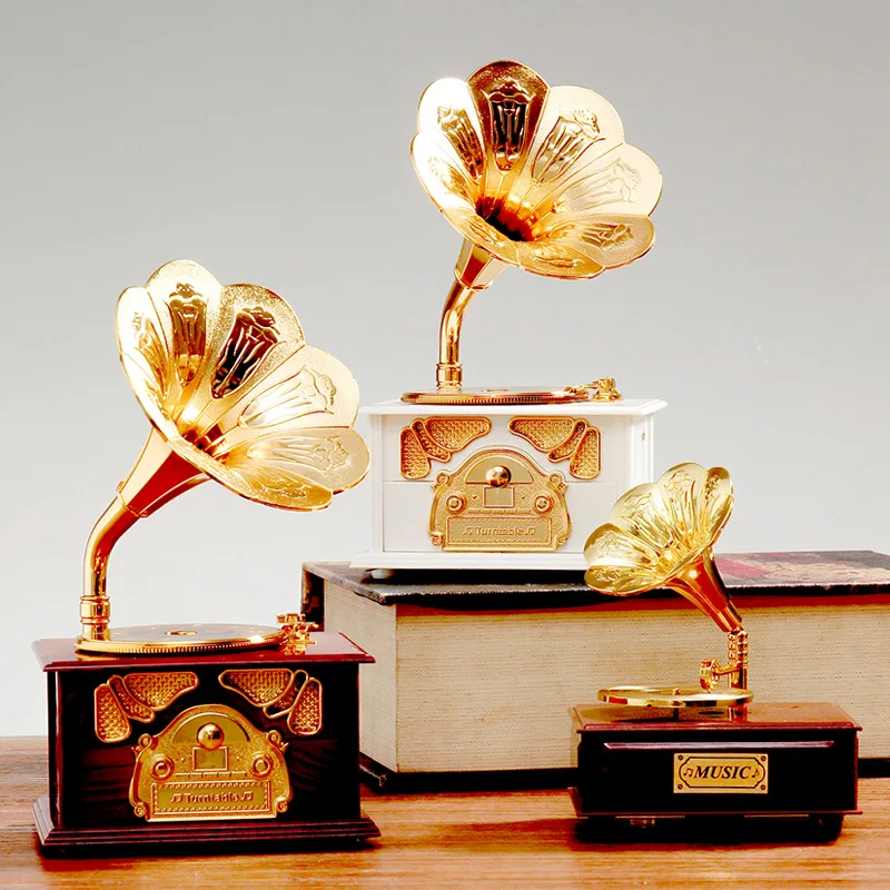Retro Nostalgic Gold Record Phonograph Music Box Octave Box Living Room Entrance Decoration Ornament Birthday Gift