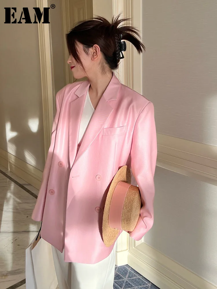 

[EAM] Women pink Color Elegant Big Size Blazer New Lapel Long Sleeve Loose Fit Jacket Fashion Tide Spring Autumn 2022 1DE7179
