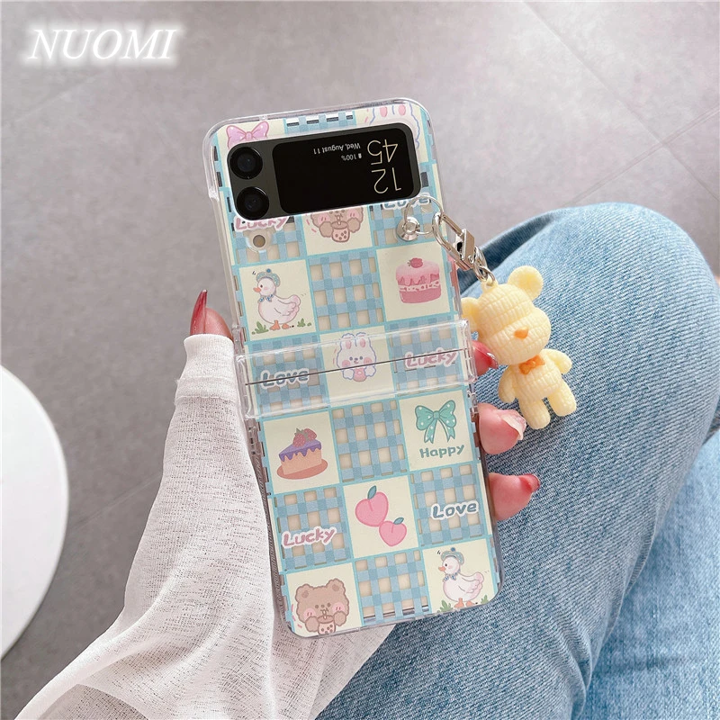Для Samsung ZFlip 4 3 синий клетчатый животный для Samsung ZFlip 4 3 Z Flip4 flip3 Медведь 3D мультяшный кулон набор