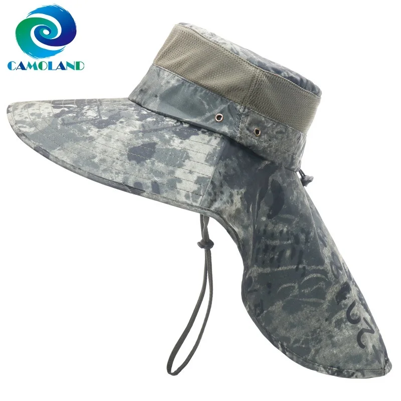 

CAMOLAND Summer Anti UV Sun Hats With Neck Flap Male Tie-dye Bucket Hat Breathable Mesh Fishing Hats For Women Men Beach Caps