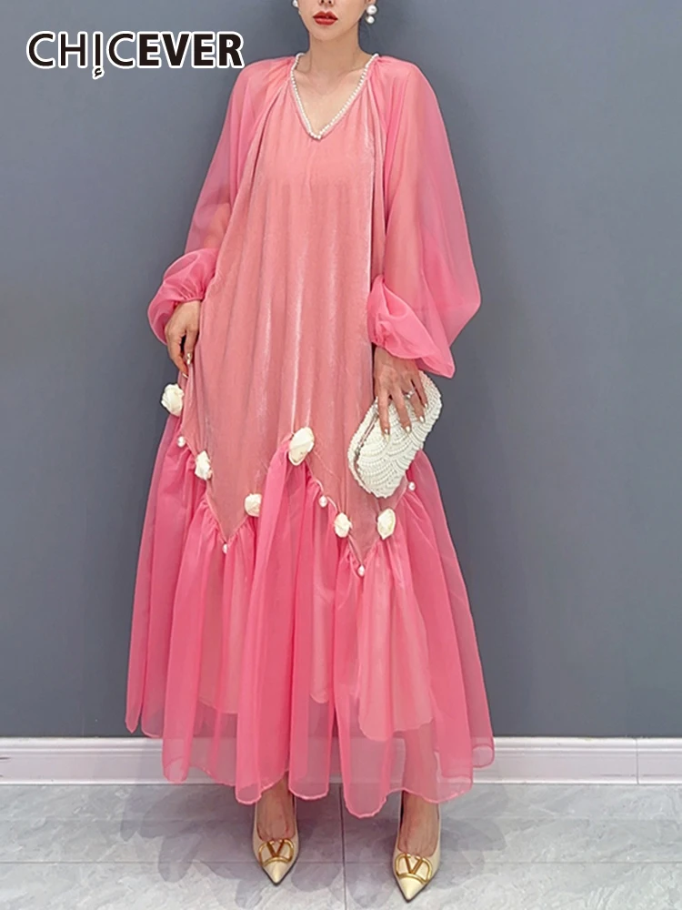 

CHICEVER корейские темпераментные сетчатые платья для женщин с v-образным вырезом и длинным рукавом в стиле пэчворк с аппликацией элегантное цветное Платье женское Новое