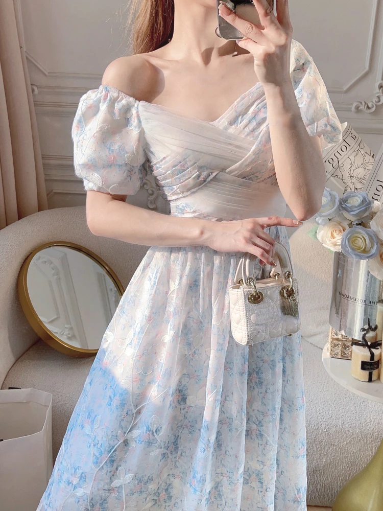 

Женское платье-миди с цветочным рисунком, элегантное французское Деловое платье, офисное винтажное цельное платье, корейская мода на лето 2023