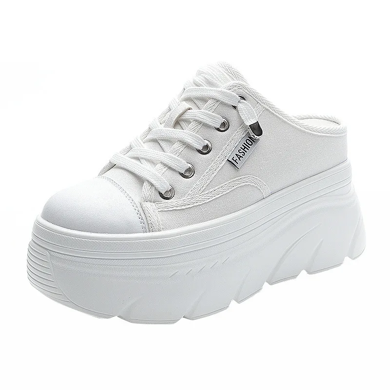 

9cm Canvas Genuine Leather Women Summer Shoes Wedge Sneakers Platform Slippers Shoes Slip on Sandals Slideds High Heel