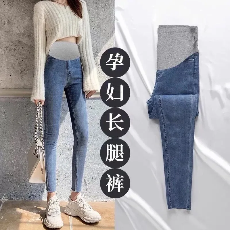 

508# 2022 Spring Stretch Denim Maternity Skinny Jeans High Waist Belly Pencil Pants Clothes for Pregnant Women Casual Pregnancy