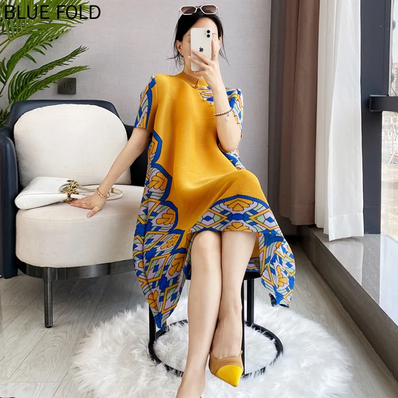 Miyake Pleated  New Summer Short-sleeved Chinese Style Temperament Large Size Printed A-line Dress PLEATS Elegant Vestido