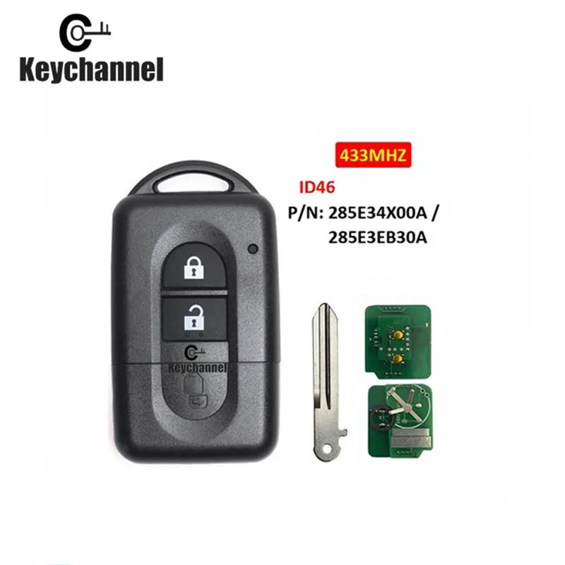 Брелок для автомобильного ключа с 2 кнопками, умный пульт дистанционного управления для Nissan X-trail Juke Micra NavaraNote Qashqai, БЕСКЛЮЧЕВОЙ Брелок ID46/4D60 чип 433 МГц 285E34X00A