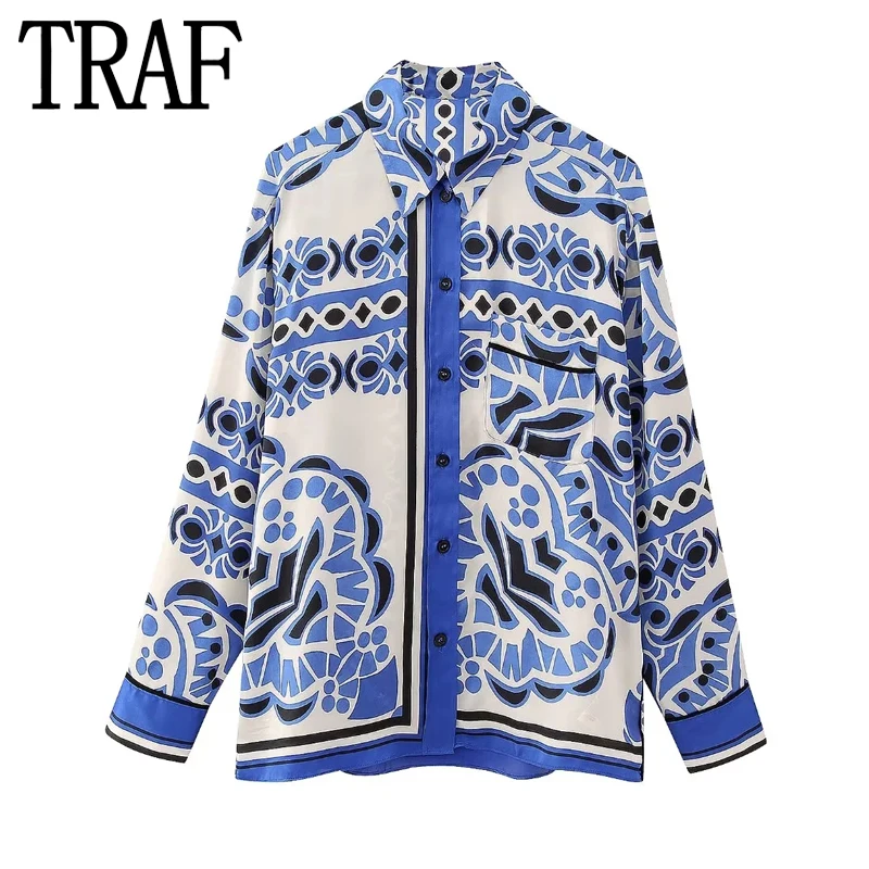 

TRAF Print Women Shirt Blue Satin Long Sleeve Top Female Vintage Button Up Shirt Women Casual Loose Summer Blouses Woman 2023