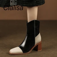 cialisa fashion short boots 2022 new autumn winter square toe mixed colors cow leather high heels womens ankle boots size 33 40