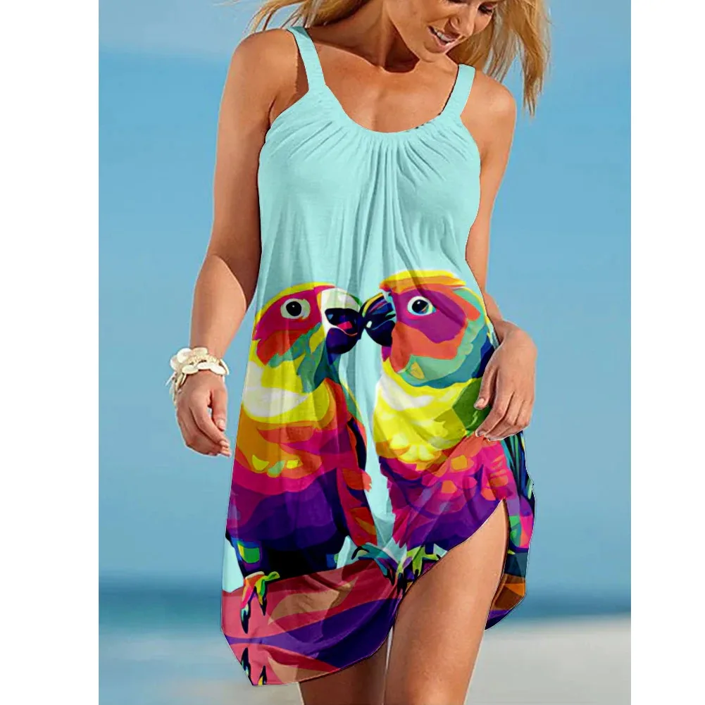 

Dresses for Women 2022 Two Parrots 3d Printed Vestidos Sleeveless Sexy Swimsuits Halter Casual Party Dress Loose Female Clothes